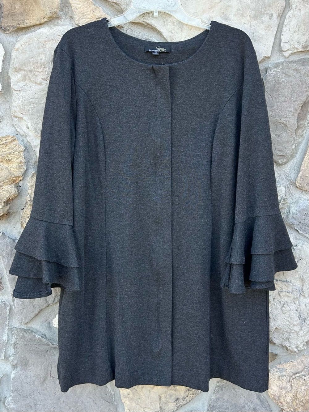 Suzanne Betro Jacket Size 1X Gray Full Zip Ruffle Soft Elevated Basic Casual QVC